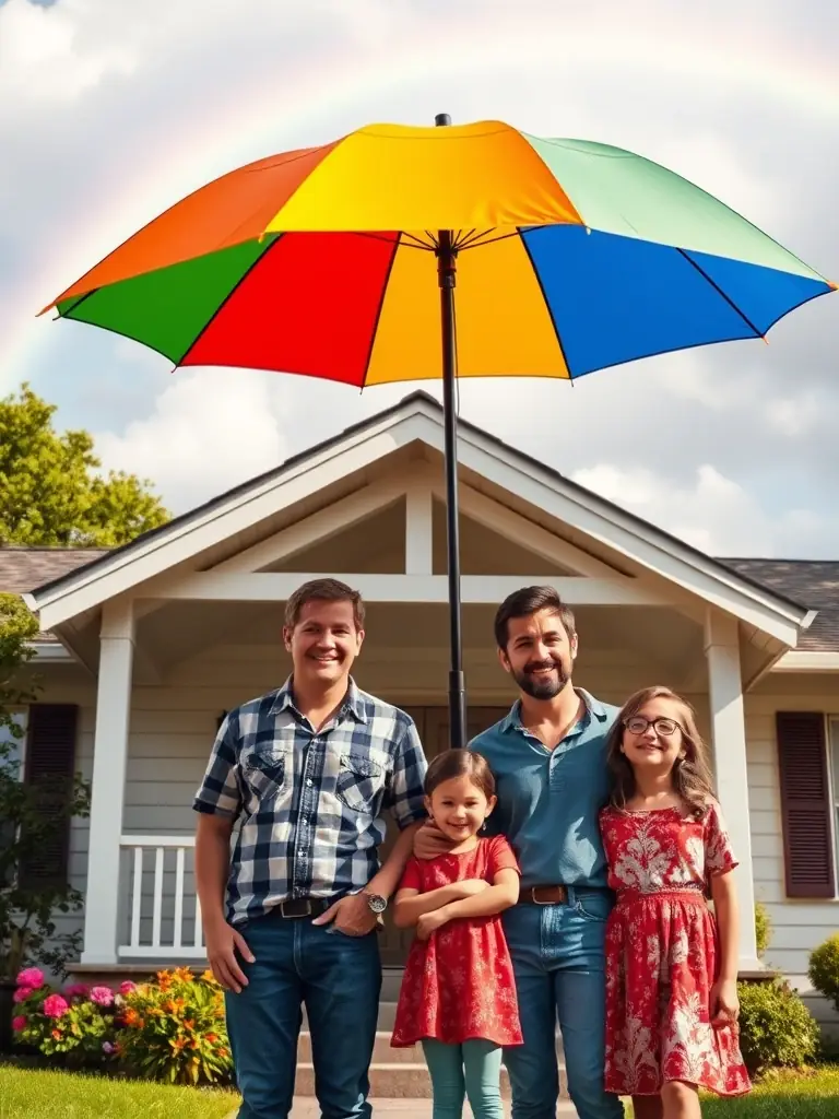 A family standing in front of their house, protected by an umbrella symbolizing insurance coverage, with a rainbow in the background.