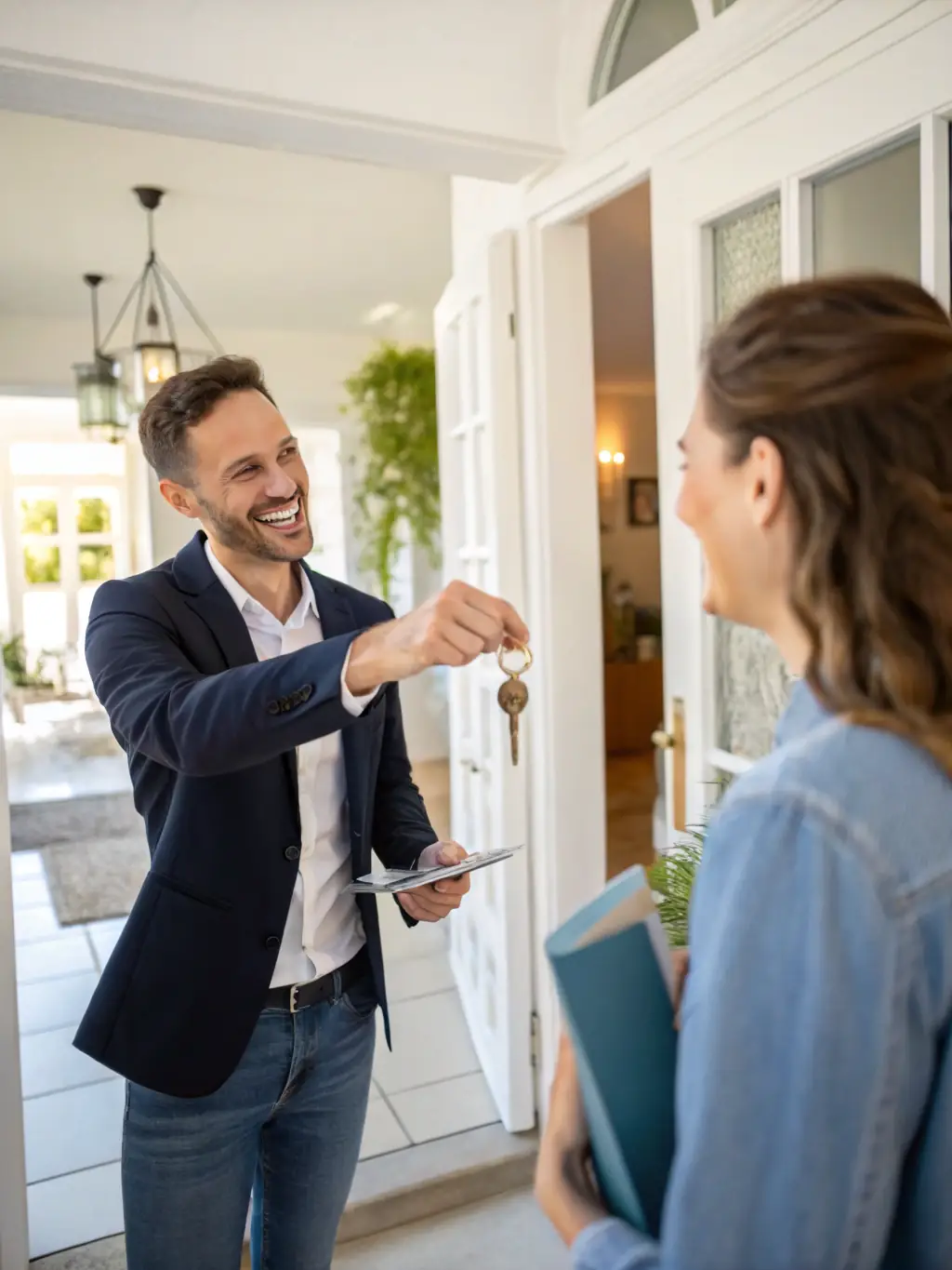 A person receiving keys to a new home, symbolizing the successful completion of the mortgage process with the help of a financial advisor.