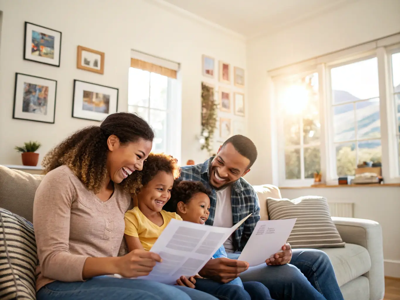 An image of a family happily enjoying their home, with an insurance policy document subtly placed in the foreground. The scene conveys a sense of security and peace of mind.