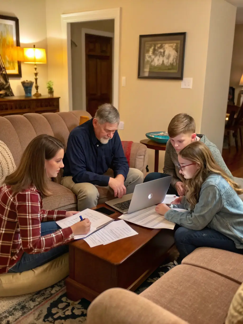 A cozy home interior with a family sitting on the sofa, discussing mortgage options with a friendly financial advisor in a bright and modern office setting.